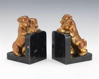 Pair of Art Deco Gilt Bronze and Mixed Metals Puppy Bookends 