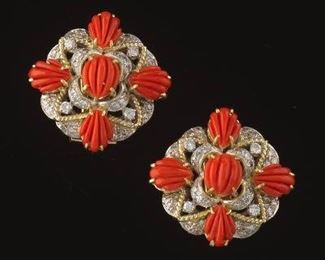 Pair of Carved Coral and Diamond Earrings 