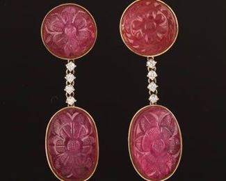 Pair of Carved Ruby and Diamond Pendant Earrings 