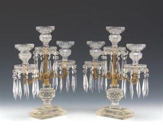 Pair of French Gilt Bronze and Crystal ThreeLight Candelabra 