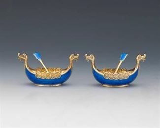 Pair of H.G. S Norway Gold Washed Sterling and Enamel Viking Ship Individual Salt Cellars with Spoons