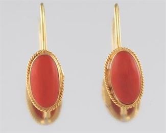 Pair of Italian Gold and Coral Cabochon Earrings 