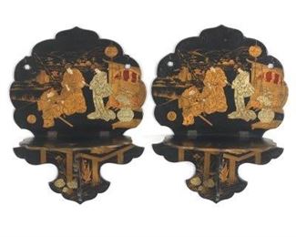 Pair of Japanese Black Lacquer and Hand Painted Signed Wall Foldable Sconces, Meiji Period 