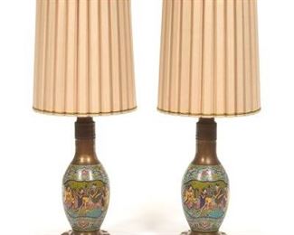 Pair of Marbro Chinoiserie Style SemiAntique Champleve Enamelled Lamps with Custom Made Original Shades 