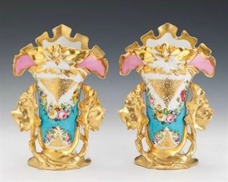 Pair of Old Paris Porcelain Hand Painted Floral Vases, ca. 19th Century 