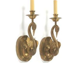 Pair of Patinated Bronze Swan Sconces 