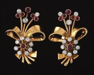 Pair of Retro Gold, Diamond, and Ruby Ear Clips 