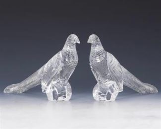 Pair of Steuben Cut Glass Pheasant Sculptures