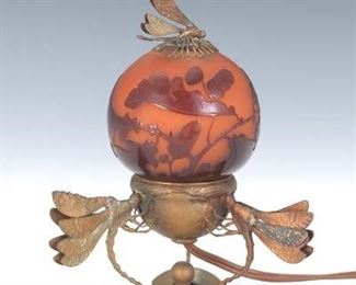 Rare Galle Acorn Glass and Dragonfly Nightstand Lamp, ca. 1900 