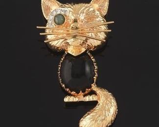 Retro Gold, Diamond, Onyx and Cats Eye Cat Brooch 