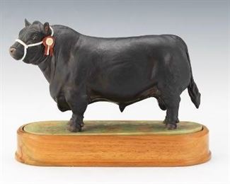 Royal Worcester SemiAntique Doris Linder Porcelain AberdeenAngus Bull, on Wooden Stand, Original Certificate 