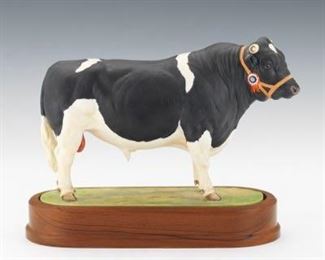 Royal Worcester SemiAntique Doris Linder Porcelain British Friesian Bull, on Wooden Stand, Original Certificate 