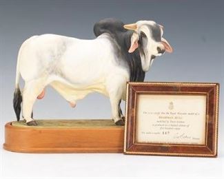 Royal Worcester Vintage Doris Linder Porcelain Brahman Bull, on Wooden Stand, Original Certificate 