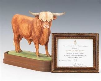 Royal Worcester Vintage Doris Linder Porcelain Highland Bull, on Wooden Stand, Original Certificate 