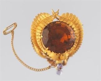 Scottish Citrine, Gold, and Amethyst Thistle Brooch 