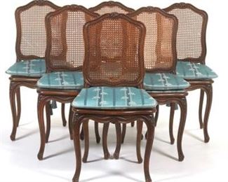 Six French Louis XV Country Style Caned and Cushioned Dining Chairs 
