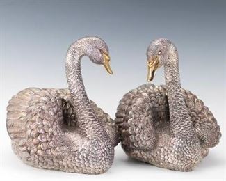 Spectacular English Sterling Silver Clad Pair of Mirror Image Large Swan Sculptures, by Camelot Silverware, Sheffield 