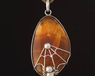 Sterling Silver and Amber Spider and Web Pendant on Chain 