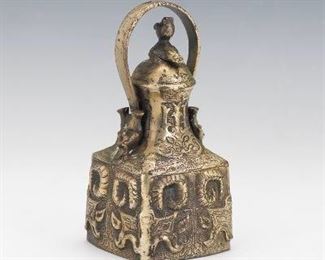 Tibetan Archaic Style Silver Color Metal Bell with Taotie Masks 