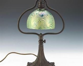 Tiffany Studios New York Patinated Bronze Table Lamp Base, with Lundberg Studios Green Swirl Glass Shade 
