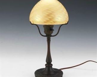 Tiffany Studios New York Patinated Bronze Table Lamp Base, with Lundberg Studios Swirl Wave Golden Glass Shade 