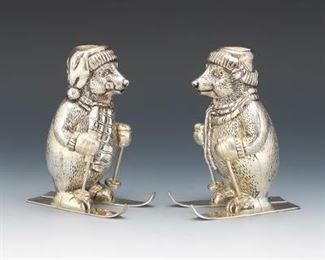 Towle Pair of Silver Plated Skiing Bears 