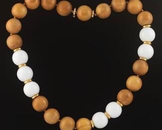 Trianon Gold, Wood, and White Agate Bead Necklace 