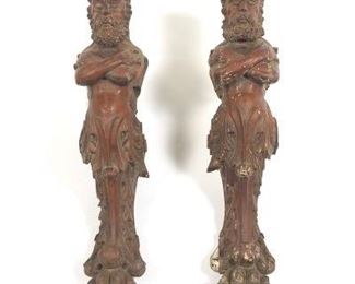 Two Carved Nautical Architectural Satyr Sculptures, ca. 19th Century 