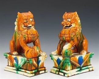 Two Chinese Sancai Glazed Buddhist Temple Foo Lions 