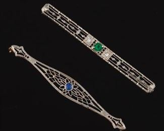 Two Edwardian and Art Deco Gold, Blue Sapphire, Emerald and Diamond Bar Pins 