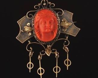 Victorian Coral and Gold Brooch 