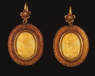 Victorian Gold and Carved Walrus Task HighRelief Cameo Pair of Earrings 