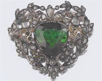 Victorian Silver Topped Gold, Green Tourmaline and Diamond Brooch 
