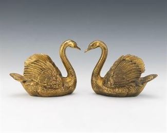 Vintage Pair of Patinated Brass Swan Sculptures 