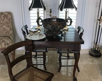 Mahogany Table that opens to larger table.   See next photo.  Opens to 68"x34"    Folded table measures 39" x 34"  Lamps and all other items on table are available for sale.