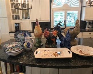 4 Vietri Pieces Made in Italy on left, Bowl, Plate, Plater and Pitcher.   Deruta Made in Italy Tray and Platter.  6 Rooster Pieces