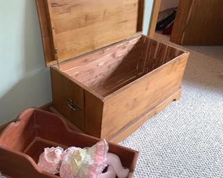 Cedar chest, vintage doll cradle