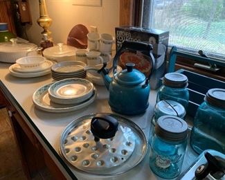 corolla, blue canning jars, teapot ....