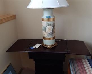 Drop-leaf table; hand painted china lamp (one of pair)