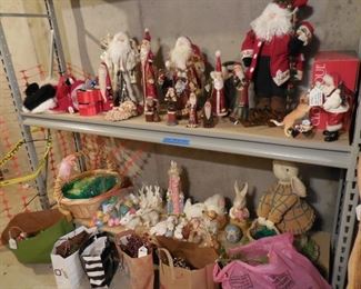 Santa Claus figures and Easter items and bags of holiday garland
