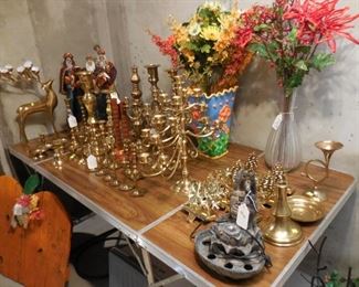 Brass candlesticks and misc