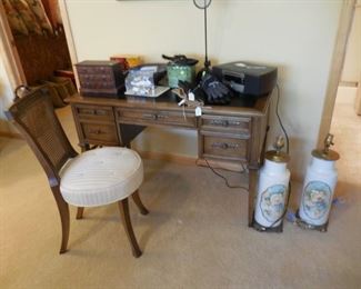 Desk and chair; pair of hand-painted china lamps