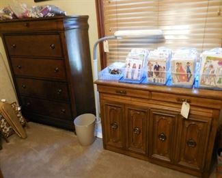 Chest of drawers; sewing machine cabinet only (no sewing machine); sewing patterns and supplies