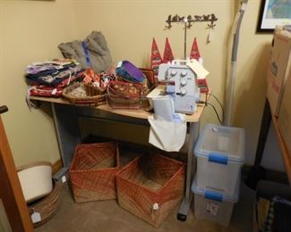 Serger machine, table, containers, misc items