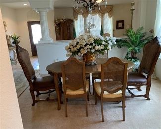 $950~OBO~CLASSIC 1950'S  FRENCH PROVINCIAL SOLID WOOD TABLE AND FOUR WALNUT CANE BACK CHAIRS WITH TWO LEAVES 