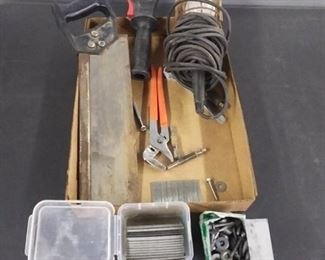 Tool Lot #41 Drop Light, Box Saw, Channel Lock Plyers, finish nails