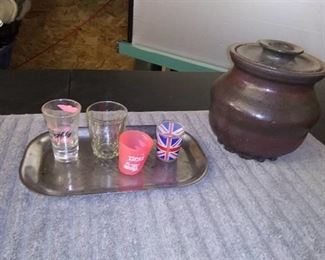 Pottery Jar\ Tray\ 4 Shot glasses