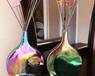 Pair of Iridescent Vases with Ceramic Flowers