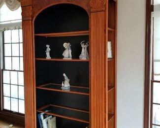 Exquisite Large custom bookcase 107hx62wx21d						
    mahogany and burled walnut, lit, 4 glass shelves, 4 glass shelves on either side	$2500					
