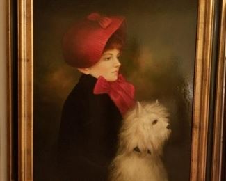 Original Oil - woman in Red hat w/ dog portrait 38hx32w						$300
